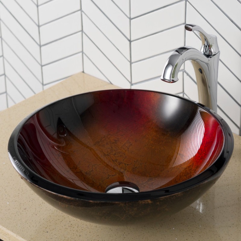 KRAUS Round Red Black and Gold Glass Vessel Bathroom Sink, 17 inch