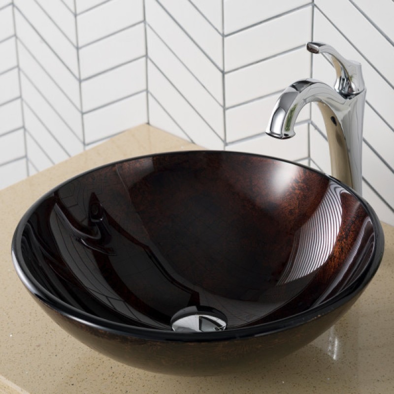 KRAUS Round Brown Glass Vessel Bathroom Sink, 16 1/2 inch
