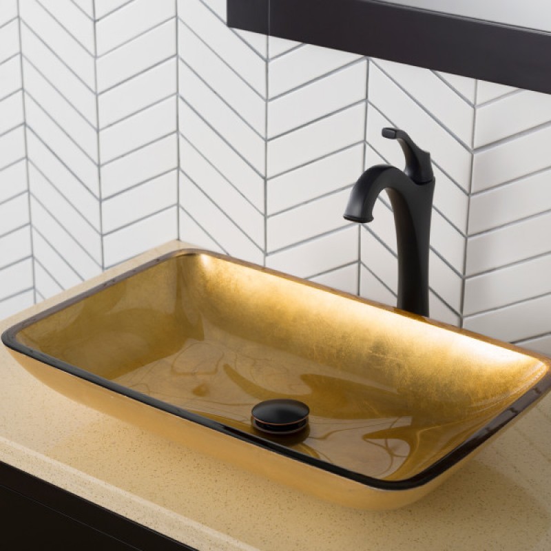 KRAUS Rectangular Gold Glass Vessel Bathroom Sink, 22 inch