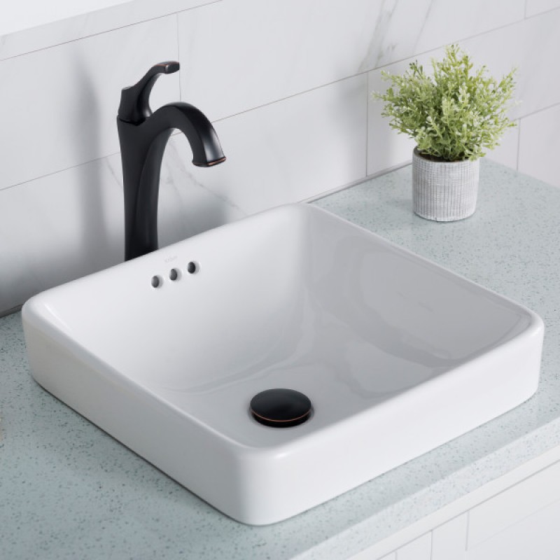 KRAUS Elavo™ Square Semi-Recessed Vessel White Porcelain Ceramic Bathroom Sink with Overflow, 16 1/2 inch
