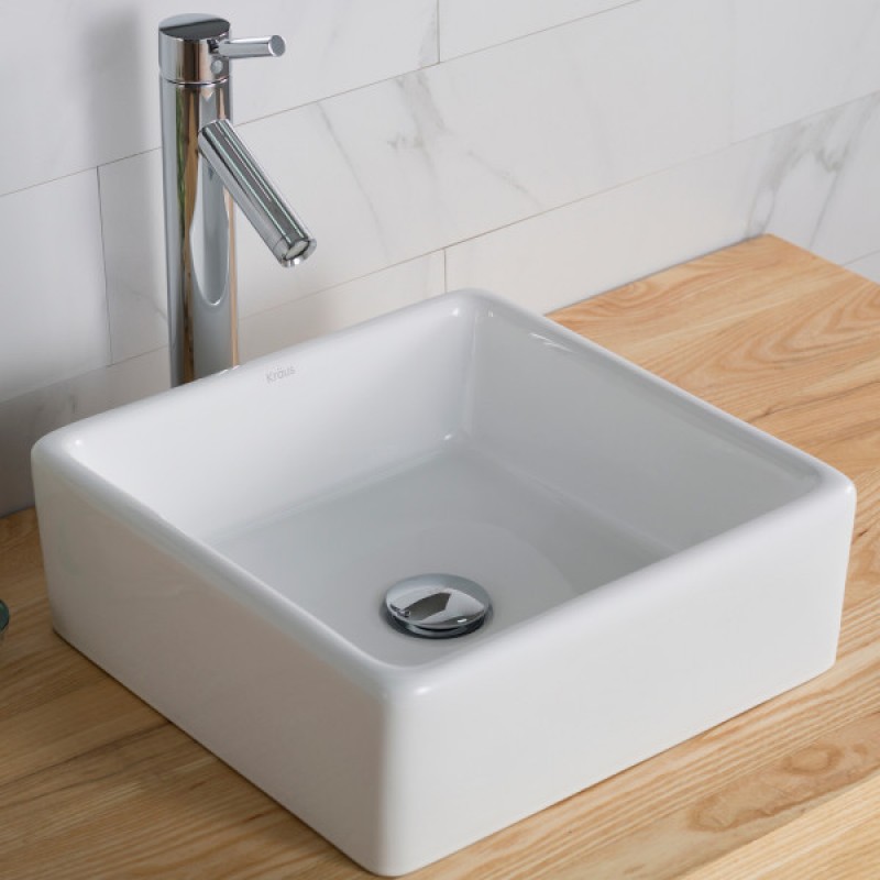 Elavo™ Square Vessel White Porcelain Ceramic Bathroom Sink, 15 inch
