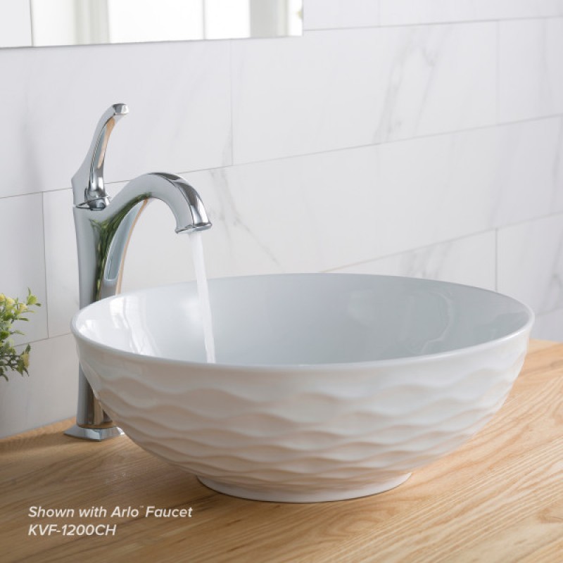 KRAUS Viva™ Round White Porcelain Ceramic Vessel Bathroom Sink with Pop-Up Drain, 16 1/2 in. D x 5 1/2 in. H