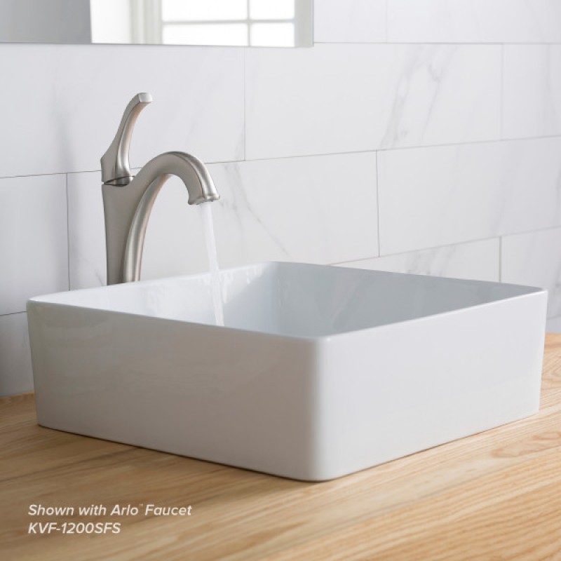 KRAUS Viva™ Square White Porcelain Ceramic Vessel Bathroom Sink with Pop-Up Drain, 15 5/8 in. L x 15 5/8 in. W x 5 1/8 in. H