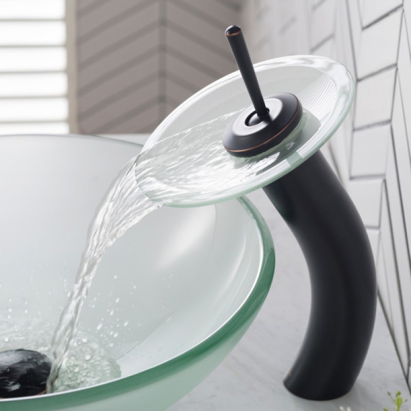 KRAUS Tall Waterfall Bathroom Faucet for Vessel Sink with Frosted Glass Disk and Pop-Up Drain, Oil Rubbed Bronze Finish