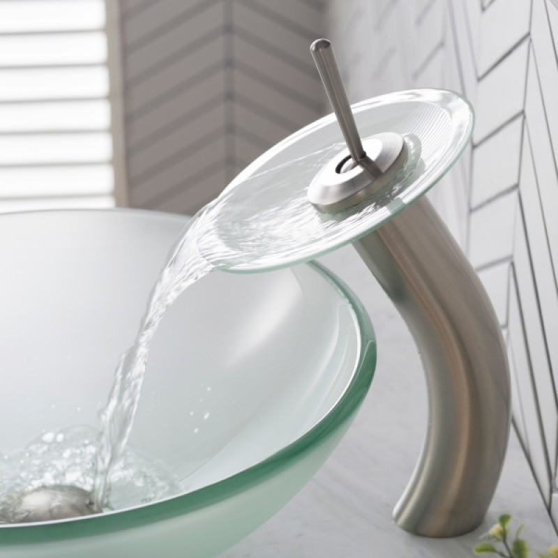 KRAUS Tall Waterfall Bathroom Faucet for Vessel Sink with Frosted Glass Disk and Pop-Up Drain, Satin Nickel Finish