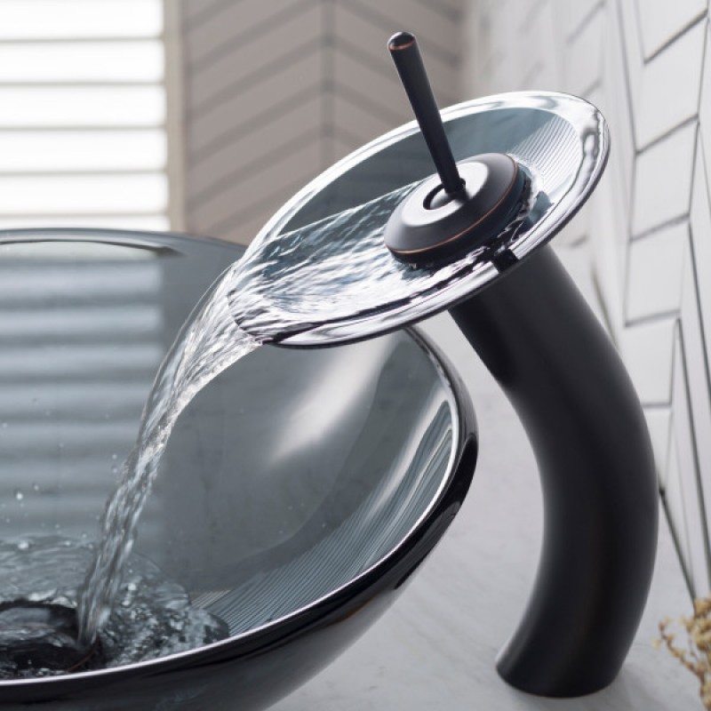 KRAUS Tall Waterfall Bathroom Faucet for Vessel Sink with Clear Black Glass Disk, Oil Rubbed Bronze Finish