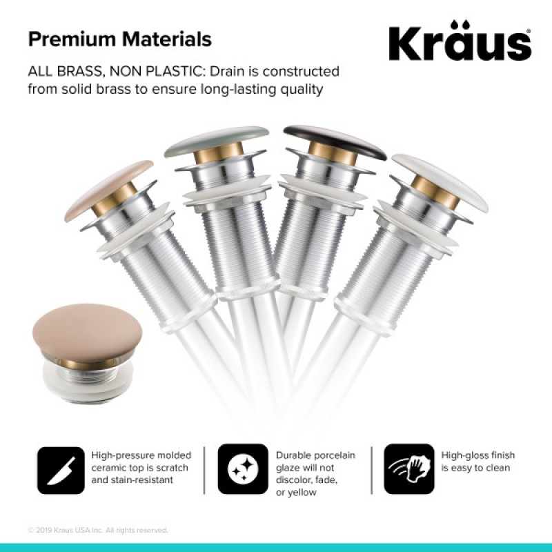 KRAUS Pop-Up Drain with Porcelain Ceramic Top for Bathroom Sink without Overflow, Gloss Beige