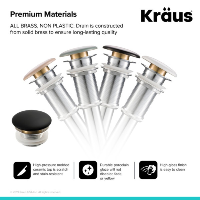 KRAUS Pop-Up Drain with Porcelain Ceramic Top for Bathroom Sink without Overflow, Gloss Black