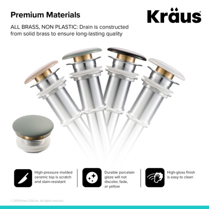 KRAUS Pop-Up Drain with Porcelain Ceramic Top for Bathroom Sink without Overflow, Gloss Grey