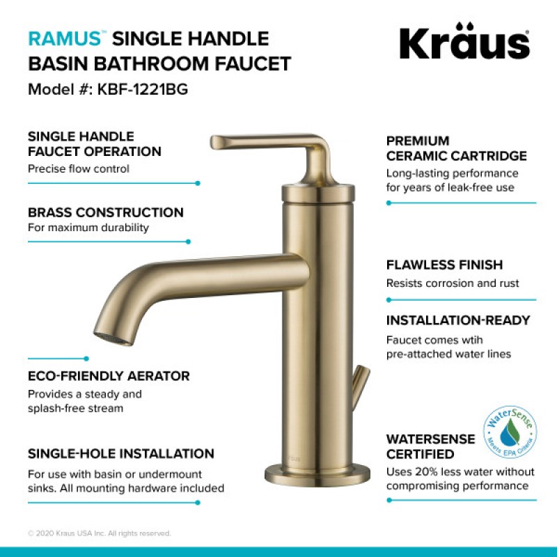 Ramus™ Single Handle Bathroom Sink Faucet with Lift Rod Drain in Brushed Gold