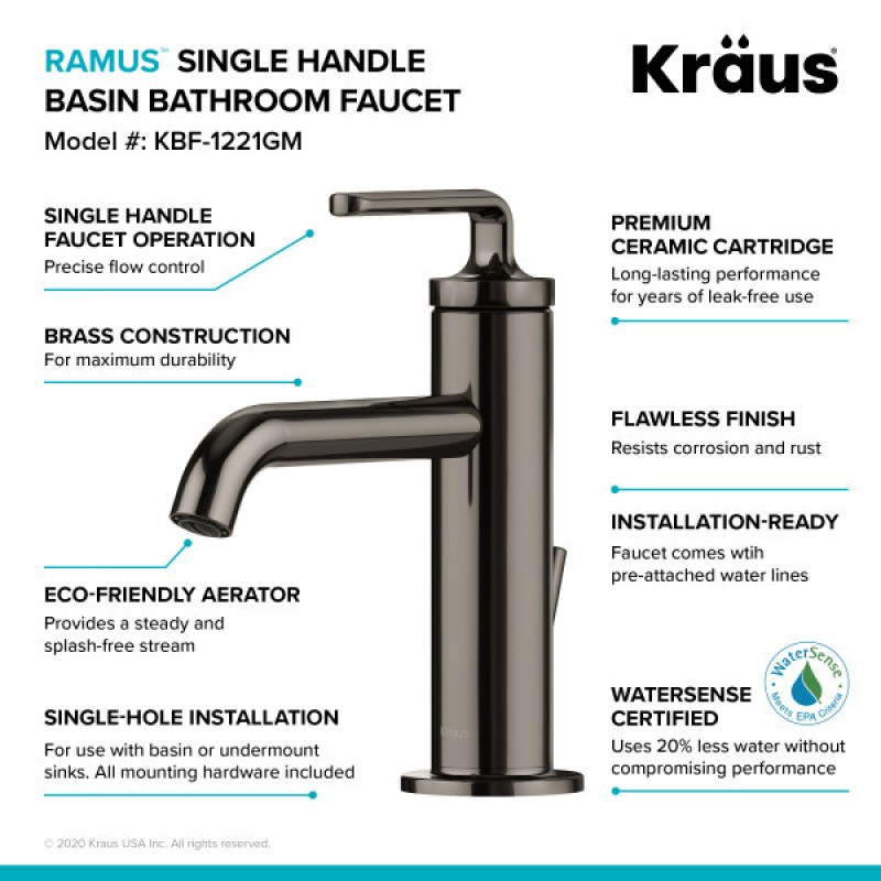 Ramus™ Single Handle Bathroom Sink Faucet with Lift Rod Drain in Gunmetal