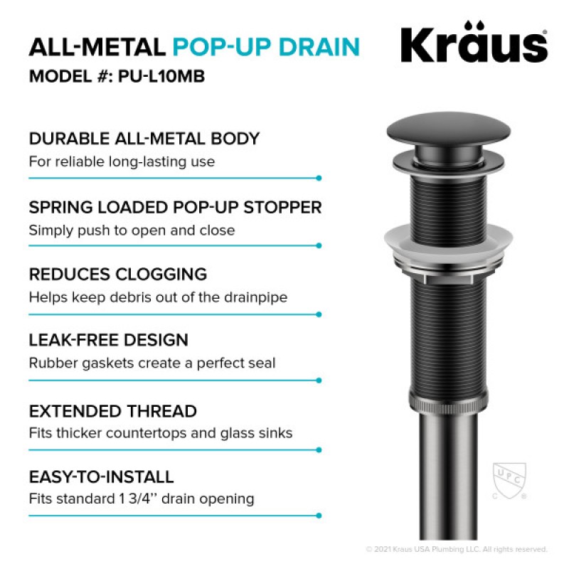 KRAUS® Bathroom Sink Pop-Up Drain with Extended Thread in Matte Black