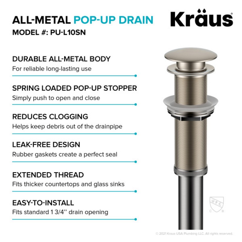 KRAUS® Bathroom Sink Pop-Up Drain with Extended Thread in Satin Nickel