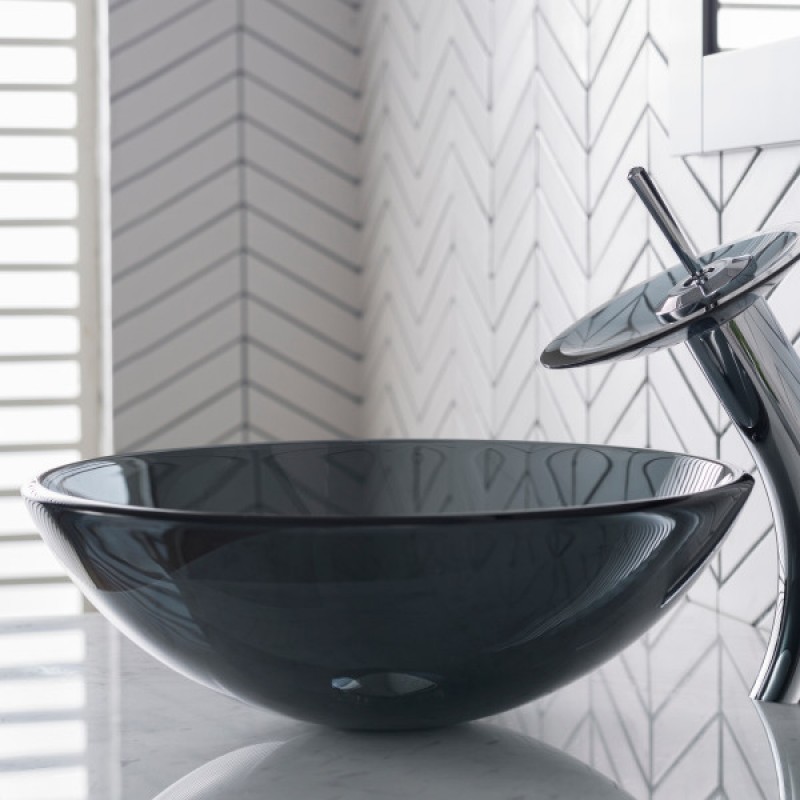 KRAUS Round Clear Black Glass Vessel Bathroom Sink, 16 1/2 inch