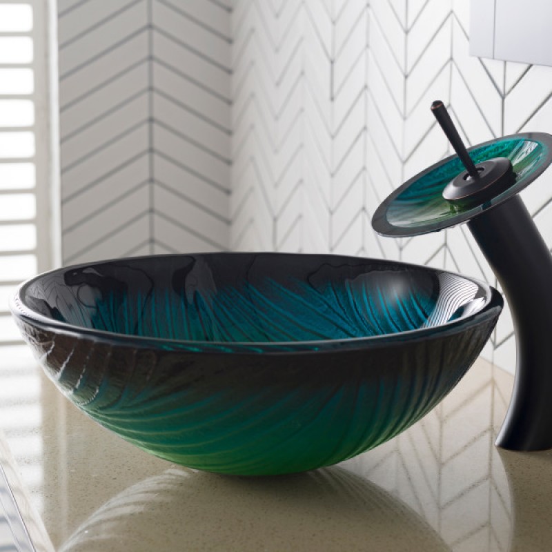 KRAUS Nature Series™ Round Green Glass Vessel Bathroom Sink, 17 inch