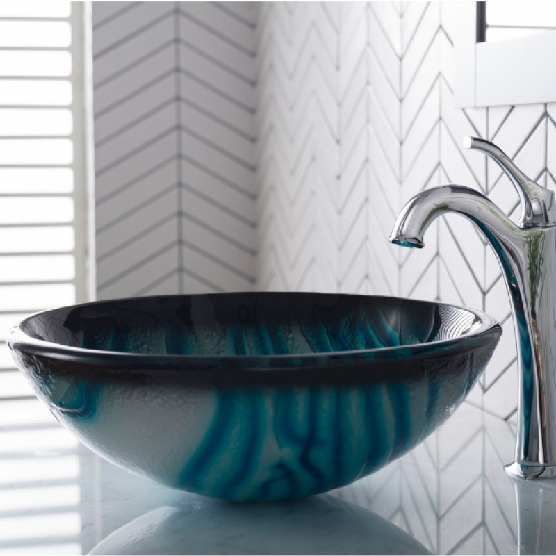 KRAUS Nature Series™ Round Blue Glass Vessel Bathroom Sink, 17 inch