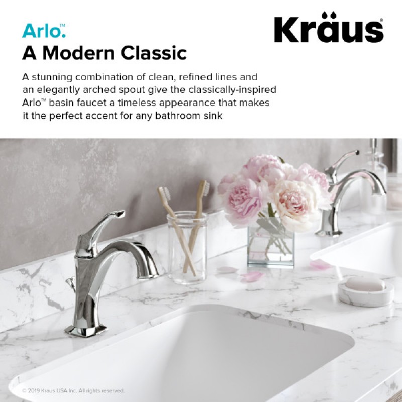 KRAUS Arlo™ Brushed Gold Basin Bathroom Faucet with Lift Rod Drain and Deck Plate (2-Pack)