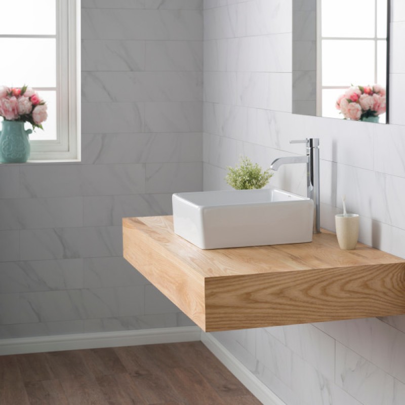Elavo™ Square Vessel White Porcelain Ceramic Bathroom Sink, 15 inch