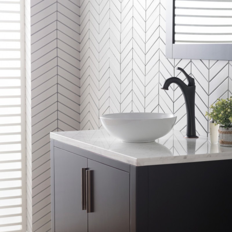 KRAUS Viva™ Round White Porcelain Ceramic Vessel Bathroom Sink with Pop-Up Drain, 13 in. D x 4 3/8 in. H