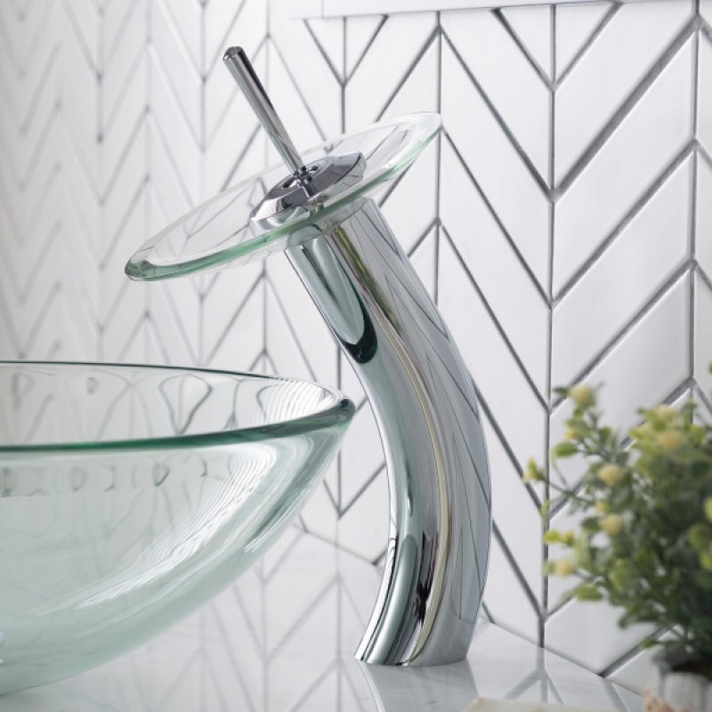 KRAUS Tall Waterfall Bathroom Faucet for Vessel Sink with Clear Glass Disk, Chrome Finish