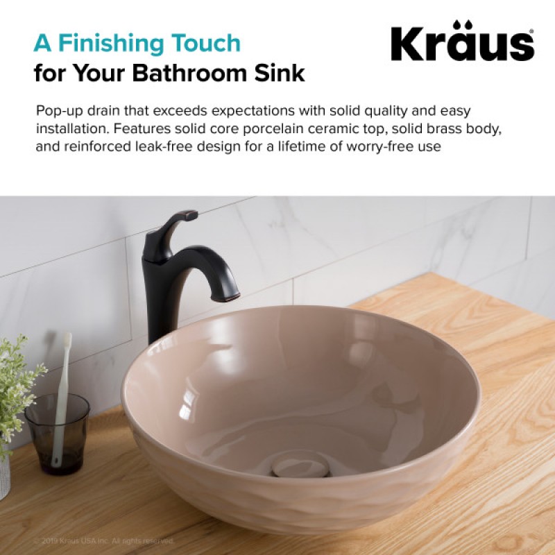 KRAUS Pop-Up Drain with Porcelain Ceramic Top for Bathroom Sink without Overflow, Gloss Beige
