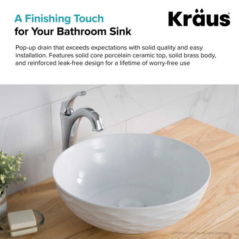 KRAUS Pop-Up Drain with Porcelain Ceramic Top for Bathroom Sink without Overflow, Gloss White