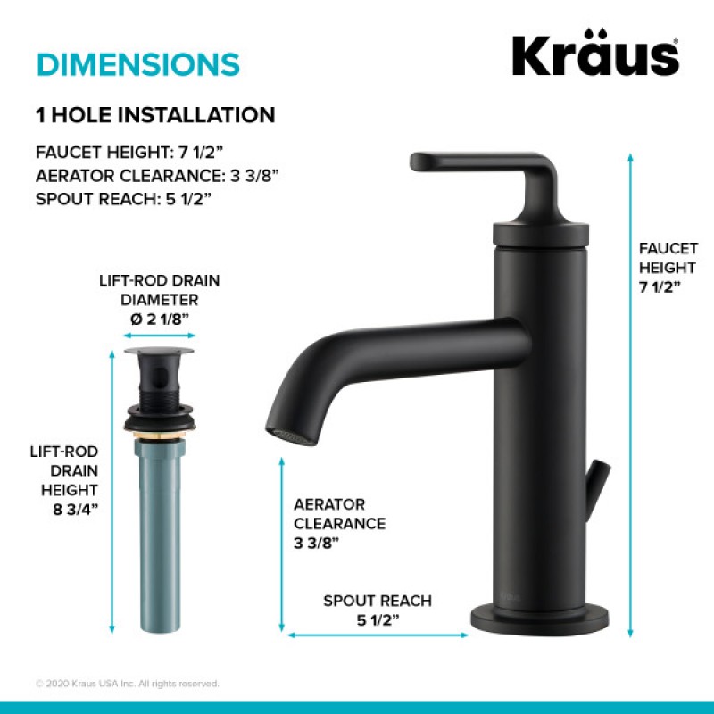 Ramus™ Single Handle Bathroom Sink Faucet with Lift Rod Drain in Matte Black (2-Pack)