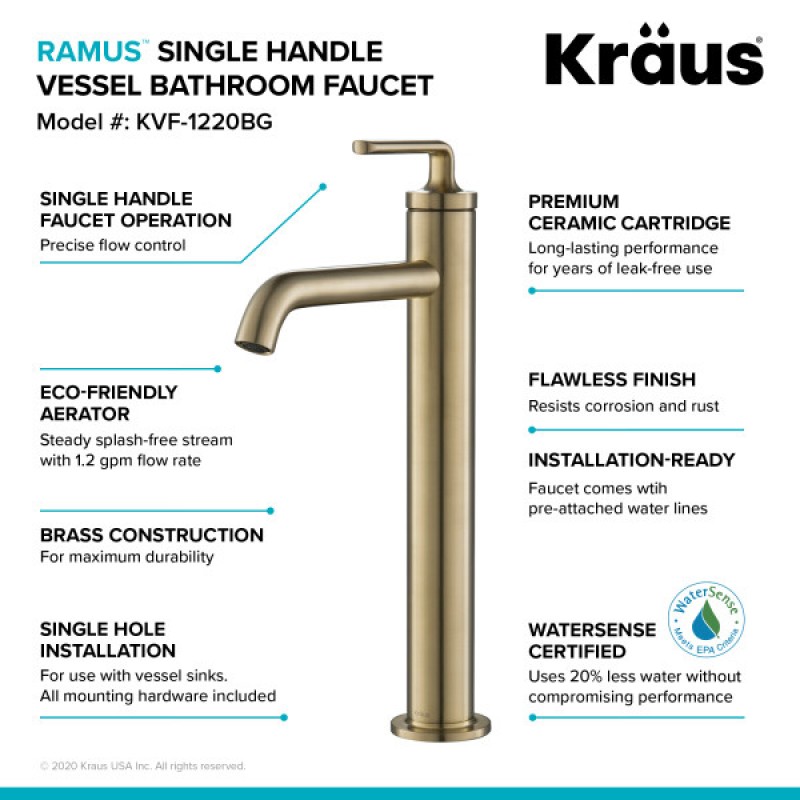 Ramus™ Single Handle Vessel Bathroom Sink Faucet with Pop-Up Drain in Brushed Gold