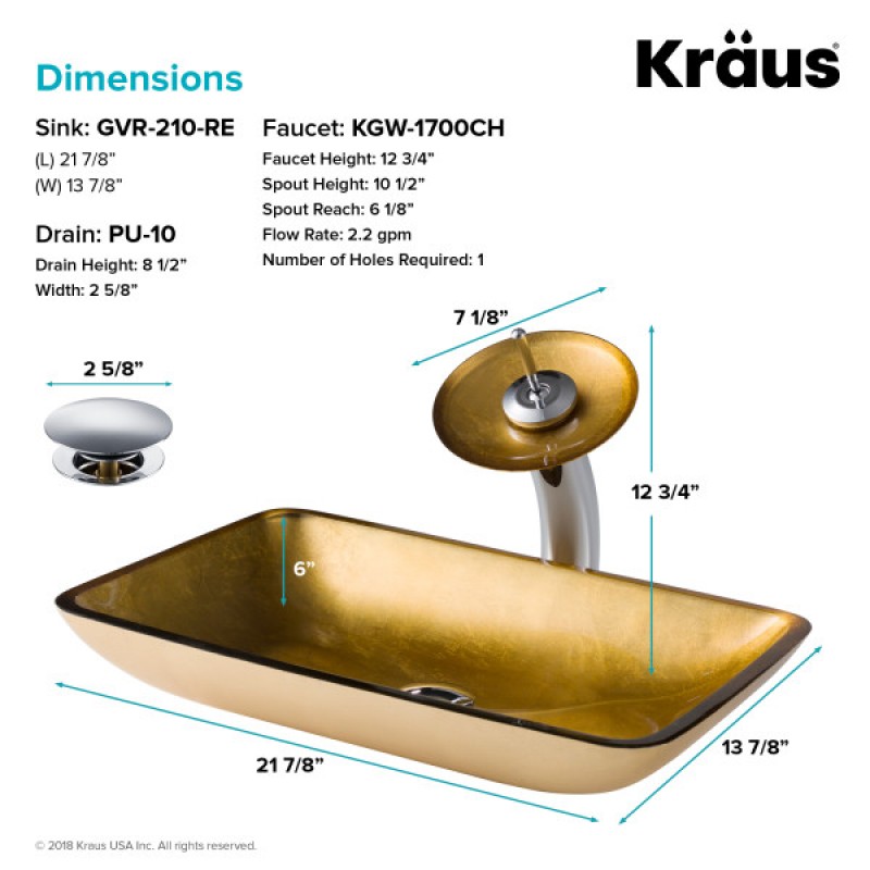 KRAUS Rectangular Gold Glass Bathroom Vessel Sink and Waterfall Faucet Combo Set with Matching Disk and Pop-Up Drain, Chrome Finish