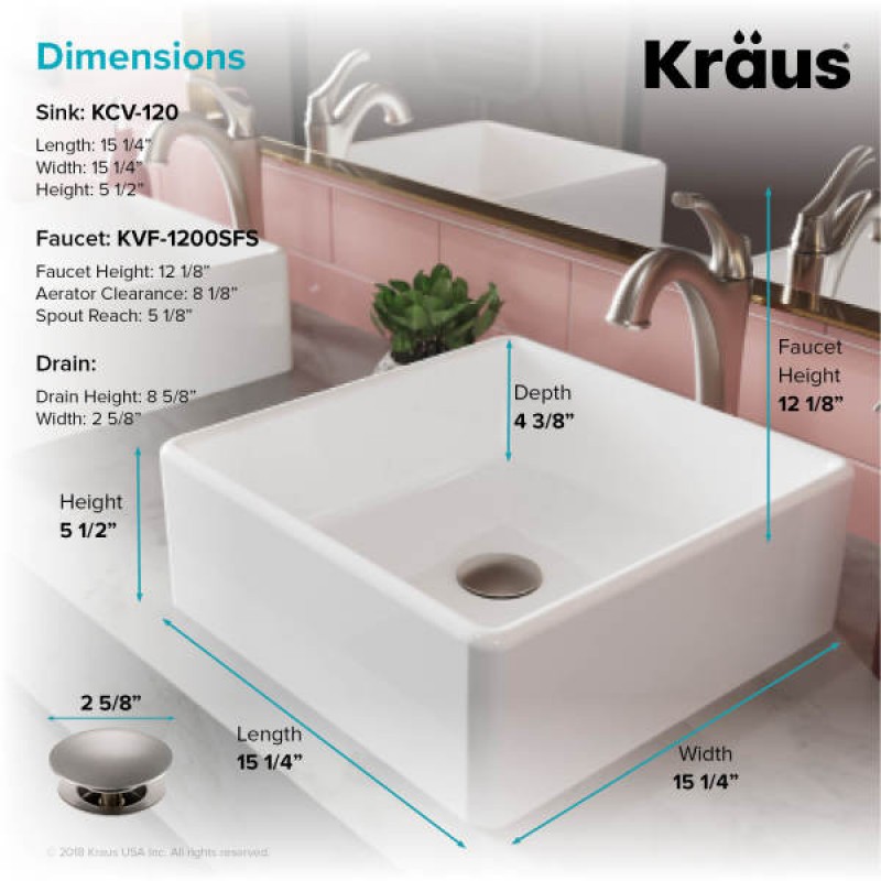 KRAUS Elavo™ 15-inch Square White Porcelain Ceramic Bathroom Vessel Sink and Spot Free Arlo™ Faucet Combo Set with Pop-Up Drain, Stainless Brushed Nickel Finish