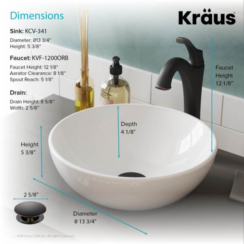 KRAUS Elavo™ 14-inch Round White Porcelain Ceramic Bathroom Vessel Sink and Arlo™ Faucet Combo Set with Pop-Up Drain, Oil Rubbed Bronze Finish