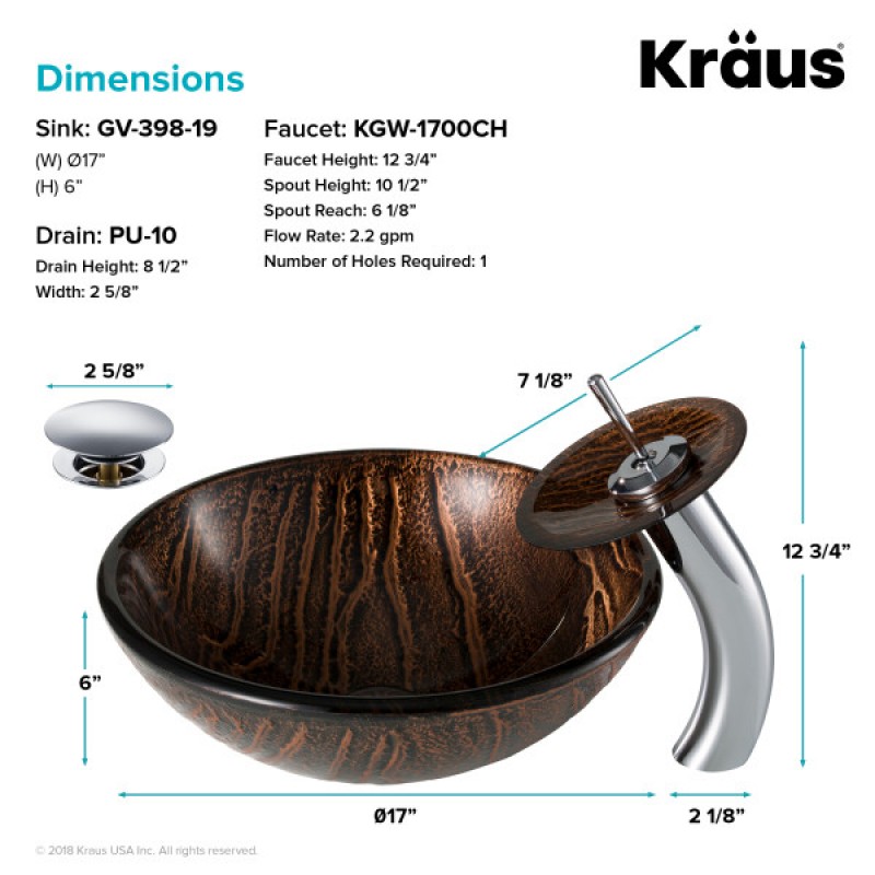 KRAUS Nature Series™ Brown Glass Bathroom Vessel Sink and Waterfall Faucet Combo Set with Matching Disk and Pop-Up Drain, Chrome Finish