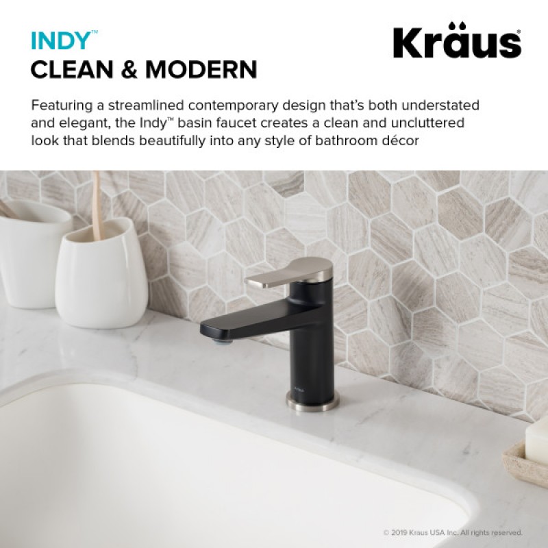 Indy™ Single Handle Bathroom Faucet in Spot Free Stainless Steel/Matte Black and Matching Pop-Up Drain with Overflow