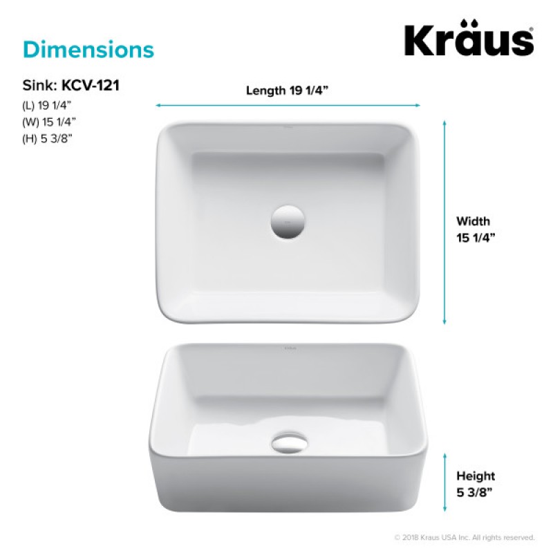 KRAUS Elavo™ Modern Rectangular Vessel White Porcelain Ceramic Bathroom Sink, 19 inch (2-Pack)