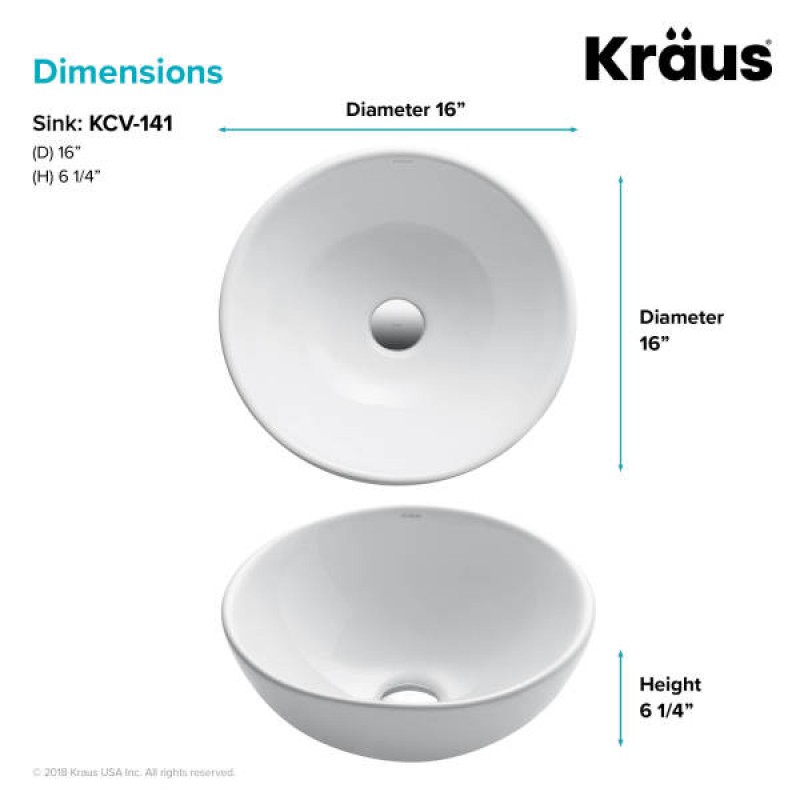 KRAUS Elavo™ Round Vessel White Porcelain Ceramic Bathroom Sink, 16 inch