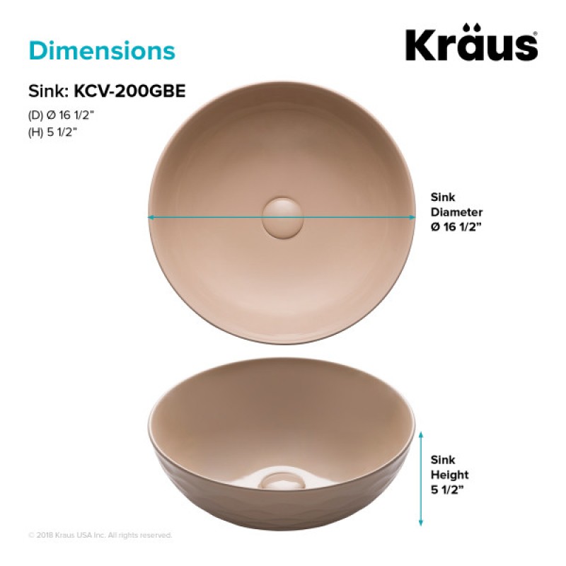 KRAUS Viva™ Round Beige Porcelain Ceramic Vessel Bathroom Sink, 16 1/2 in. D x 5 1/2 in. H
