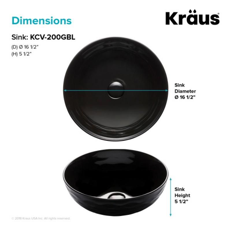 KRAUS Viva™ Round Black Porcelain Ceramic Vessel Bathroom Sink, 16 1/2 in. D x 5 1/2 in. H