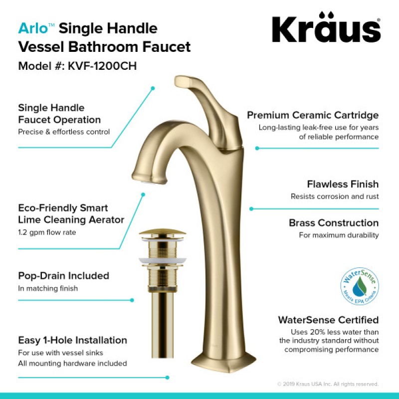 KRAUS Arlo™ Brushed Gold Tall Vessel Bathroom Faucet with Pop-Up Drain
