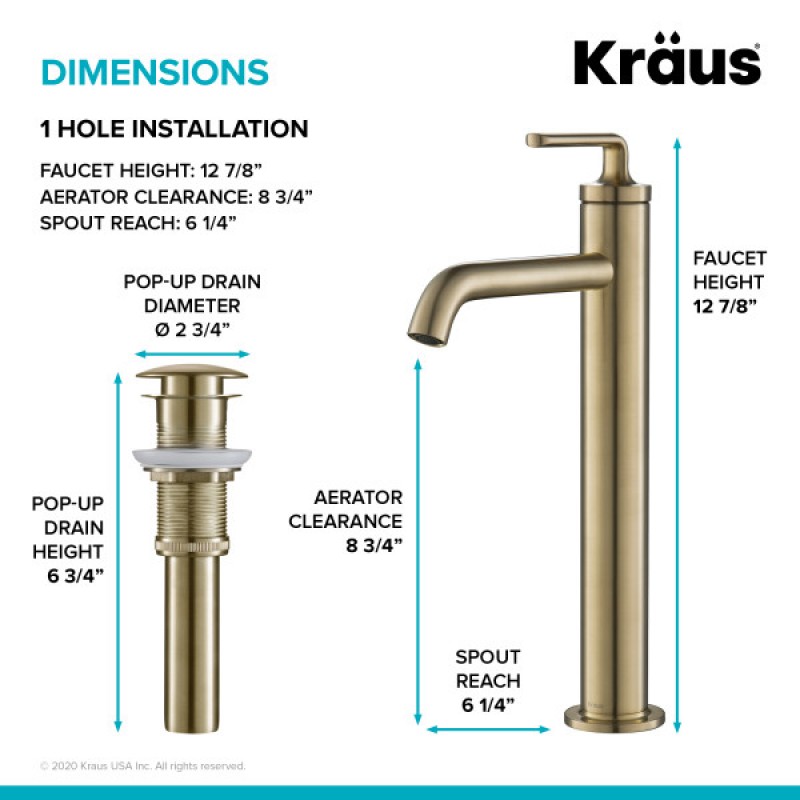 Ramus™ Single Handle Vessel Bathroom Sink Faucet with Pop-Up Drain in Brushed Gold