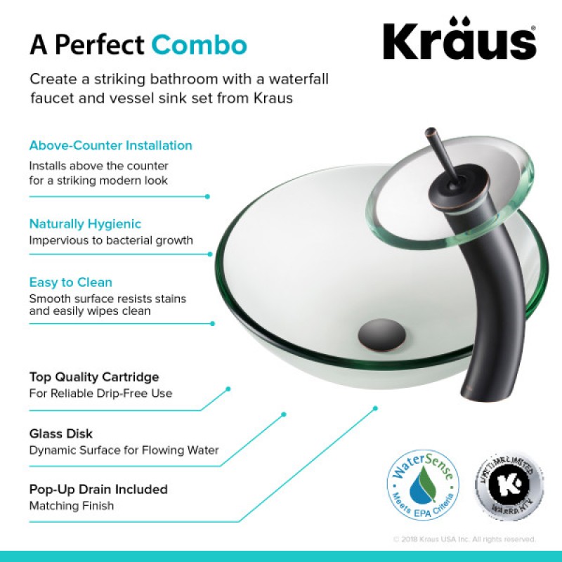 KRAUS Clear Glass Bathroom Vessel Sink and Waterfall Faucet Combo Set with Matching Disk and Pop-Up Drain, Oil Rubbed Bronze Finish