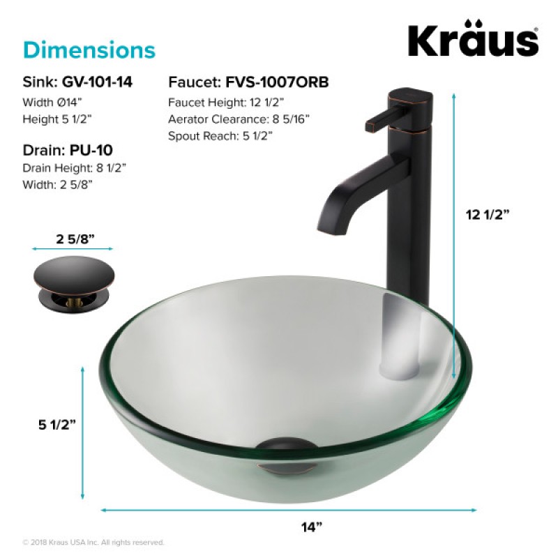 KRAUS 14-inch Clear Glass Bathroom Vessel Sink and Ramus™ Faucet Combo Set with Pop-Up Drain, Oil Rubbed Bronze Finish