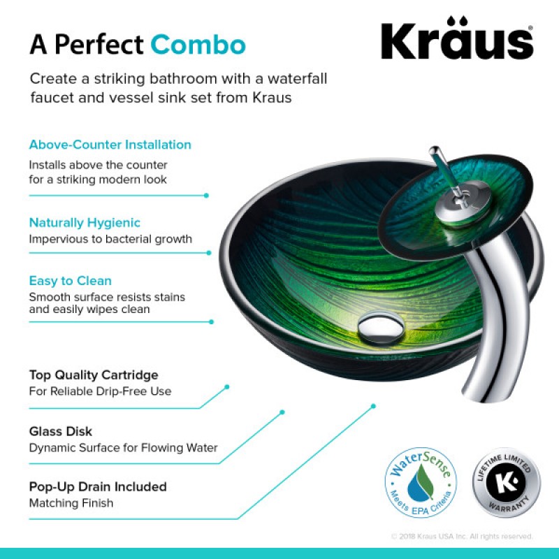 KRAUS Nature Series™ Green Glass Bathroom Vessel Sink and Waterfall Faucet Combo Set with Matching Disk and Pop-Up Drain, Chrome Finish