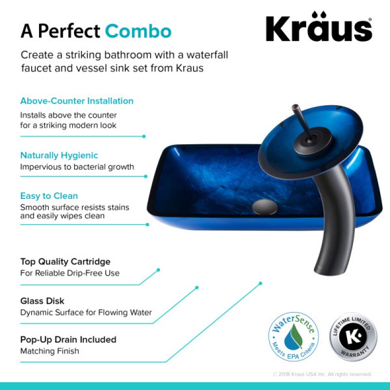 KRAUS Rectangular Blue Glass Bathroom Vessel Sink and Waterfall Faucet Combo Set with Matching Disk and Pop-Up Drain, Oil Rubbed Bronze Finish