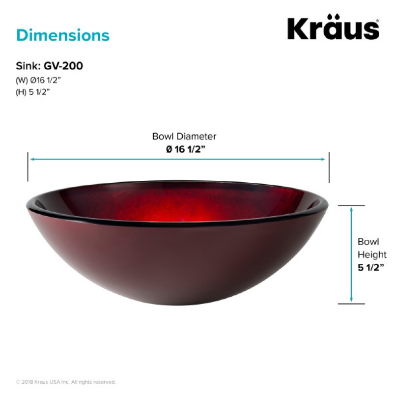 KRAUS Round Red Glass Vessel Bathroom Sink, 16 1/2 inch