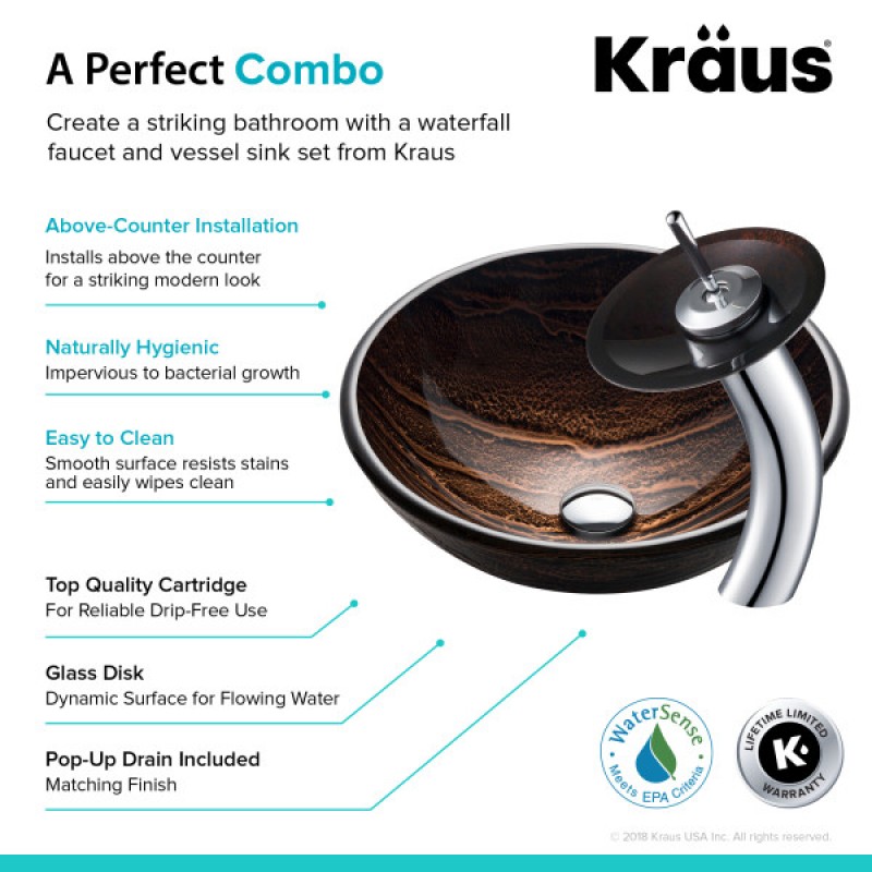 KRAUS Nature Series™ Brown Glass Bathroom Vessel Sink and Waterfall Faucet Combo Set with Matching Disk and Pop-Up Drain, Chrome Finish