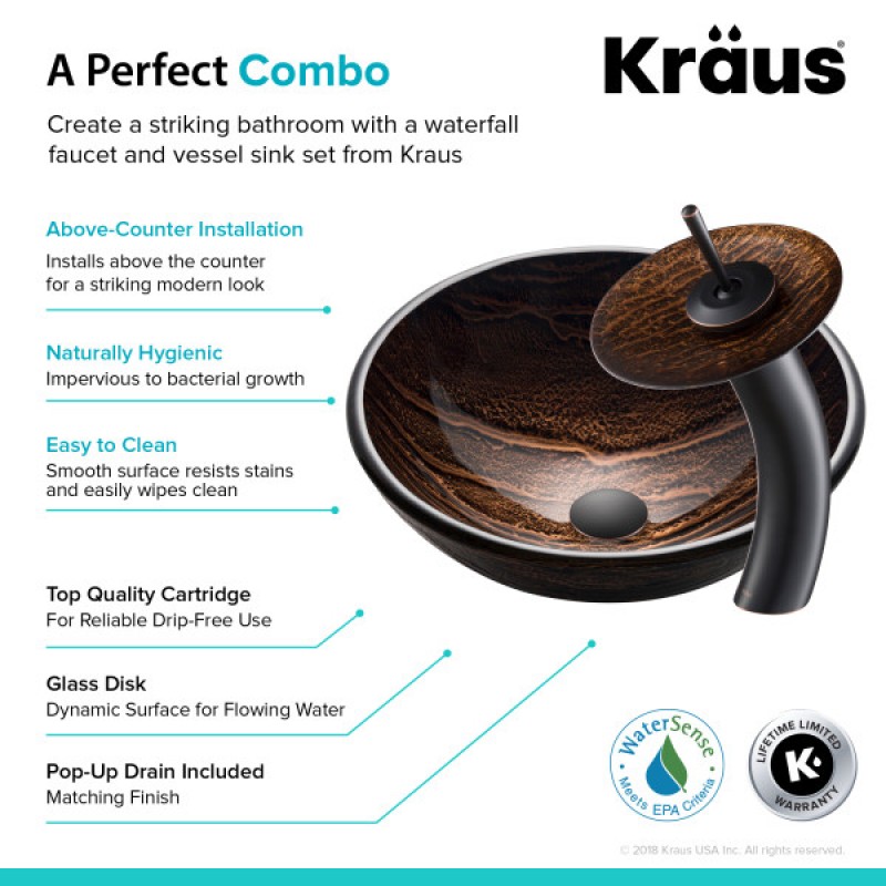 KRAUS Nature Series™ Brown Glass Bathroom Vessel Sink and Waterfall Faucet Combo Set with Matching Disk and Pop-Up Drain, Oil Rubbed Bronze Finish