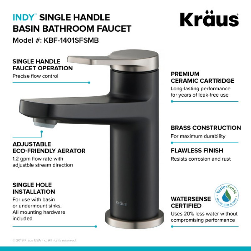 Indy™ Single Handle Bathroom Faucet in Spot Free Stainless Steel/Matte Black and Pop Up Drain with Overflow