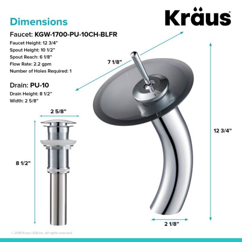 KRAUS Tall Waterfall Bathroom Faucet for Vessel Sink with Frosted Black Glass Disk and Pop-Up Drain, Chrome Finish