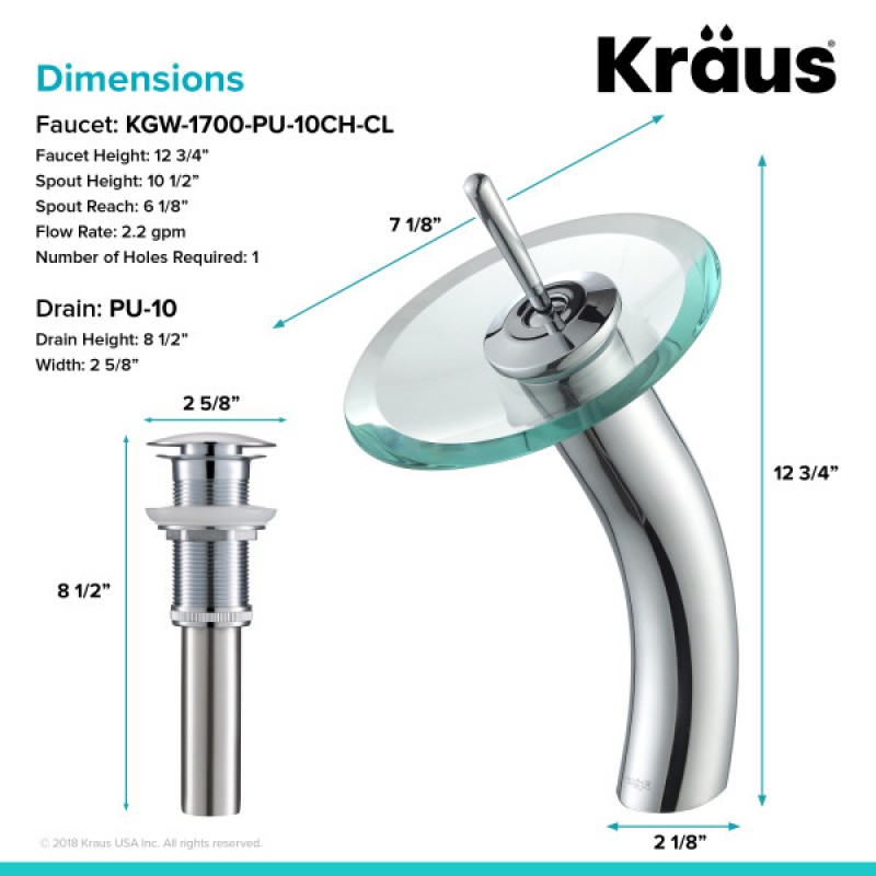 KRAUS Tall Waterfall Bathroom Faucet for Vessel Sink with Clear Glass Disk and Pop-Up Drain, Chrome Finish