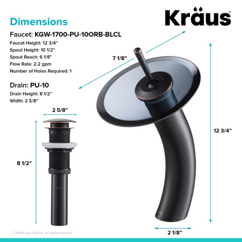 KRAUS Tall Waterfall Bathroom Faucet for Vessel Sink with Clear Black Glass Disk and Pop-Up Drain, Oil Rubbed Bronze Finish